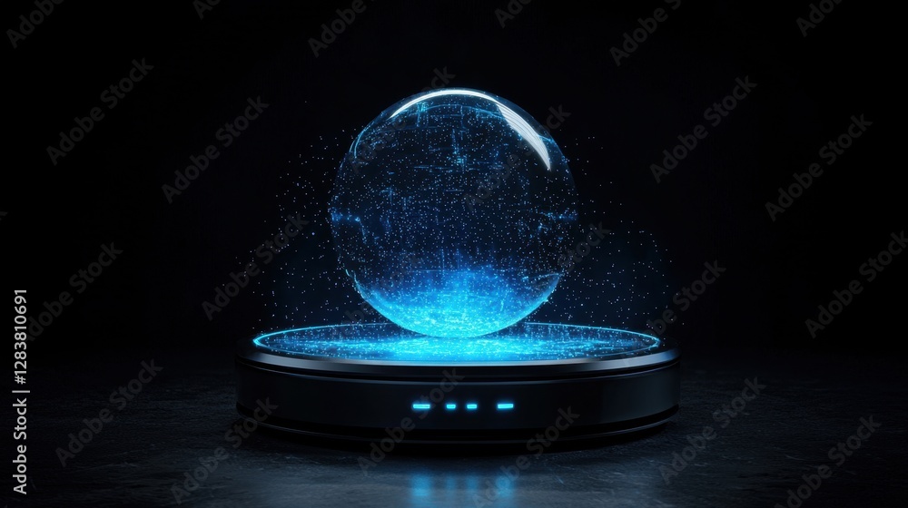 Poster futuristic holographic globe floating above a circular led platform with glowing effects in a dark b