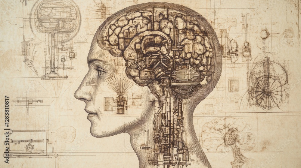Aufkleber Outline of a human head displaying various mechanisms representing artificial intelligence concepts and innovation in design. Generative AI