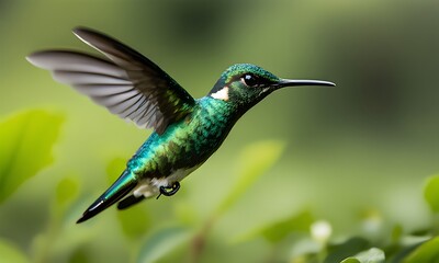 Obraz premium A crisp ultra detailed shot of an emerald green hummingbird hovering in mid air.