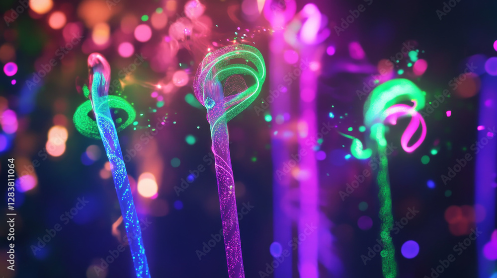 Poster magic wands set with sparkling swirls isolated on transparent background. vector realistic illustrat