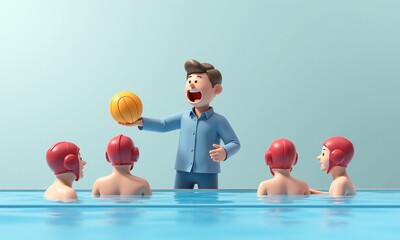 Cartoon Coach Teaching Water Polo Skills to Young Athletes