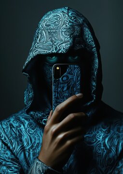Un homme s&eacute;rieux, intrigant portant un costume &agrave; capuche bleu avec des motifs complexes regardant et tenant un smartphone dans la main.