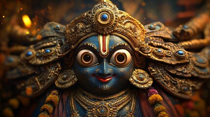 Fototapeta premium A Surreal Divine Image of Lord Jagannath with His Large Expressive Eyes, Surrounded by Celestial Light, Traditional Puri Temple Ambiance