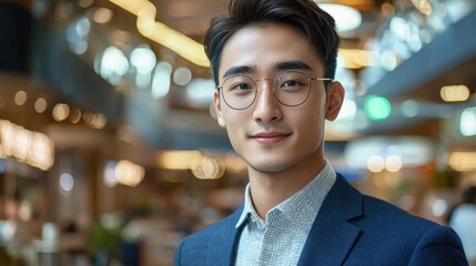 Fototapeta premium Confident young man in stylish outfit smiling at the camera in a modern indoor setting