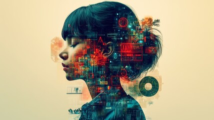 Abstract portrait of a woman merging with digital information
