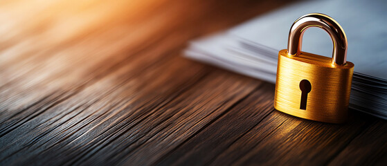 Golden lock on documents symbolizing security and privacy in business environment. - obrazy, fototapety, plakaty
