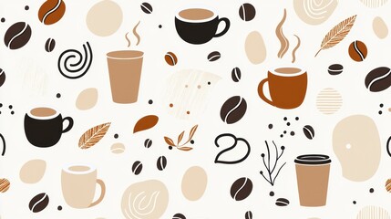 Obraz premium Abstract Coffee Pattern with Various Cups, Beans, and Natural Elements in Warm Tones on a Light Background