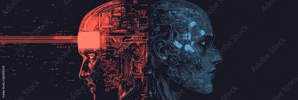 Leinwandbilder human head outline merging with a mechanical structure showcasing advanced cybernetic textures and a