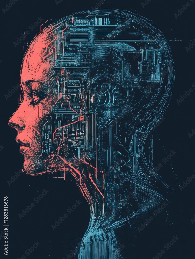 Aufkleber Human head outline merges with mechanical elements in a surreal depiction of artificial intelligence and cybernetics. Generative AI