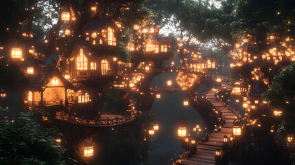 city built on massive tree branches with glowing lanterns and winding wooden bridges 