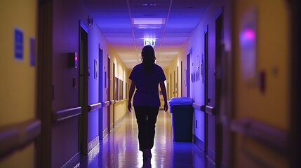 Nurse walking hospital corridor, night shift, healthcare