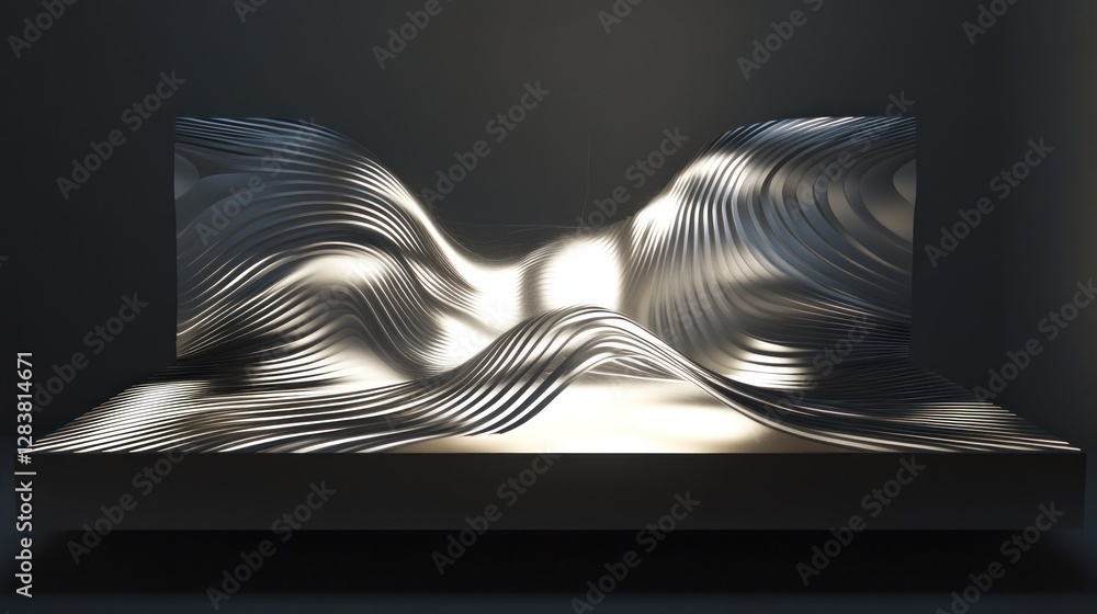 Poster abstract metallic waves: a 3d render of dynamic curves and light