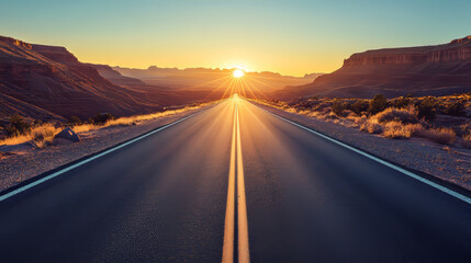Road in desert sunset scenery landscape with rocks and dry ground. Straight empty highway in Arizona Grand Canyon, asphalted way disappear into the distance with dusk sun. Cartoon vector illustration