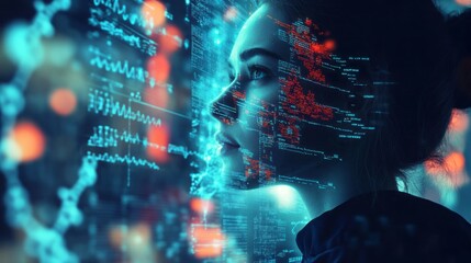 Obraz premium Woman in profile surrounded by data science and technology