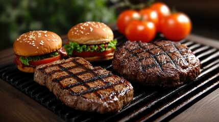 Grill with three hamburgers and steak cooking over open flame during outdoor barbecue event