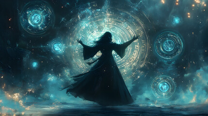 sorceress casting a spell, surrounded by floating magical symbols and energy orbs 