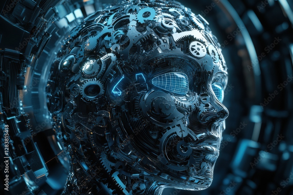 Poster human head contour filled with interlocking gears and cogs depicting the essence of artificial intel