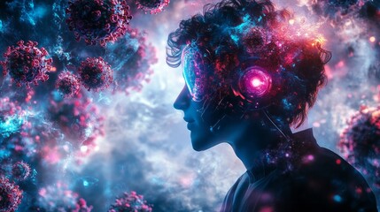 Cyberpunk man surrounded by swirling viruses and abstract nebula