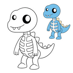 A fun, cartoon dinosaur skeleton character with big, hollow eyes, a wide toothy grin, and tiny bones. It has a playful pose, bony tail wagging, and a cute, spooky charm!