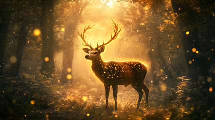 deer with glowing antlers standing in an enchanted forest surrounded by soft mist 
