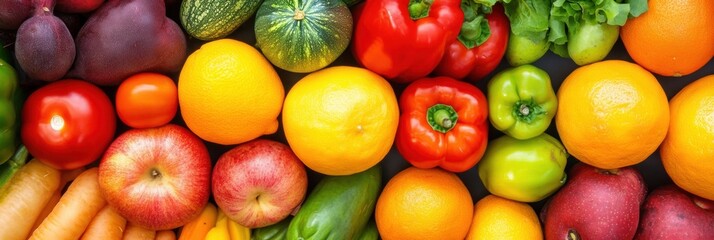 Freshly harvested fruits and vegetables displayed in vibrant colors at a local market during the afternoon. Generative AI