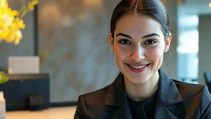 This image showcases a confident young woman at a stylish hotel front desk. The welcoming atmosphere highlights professionalism and customer service. AI