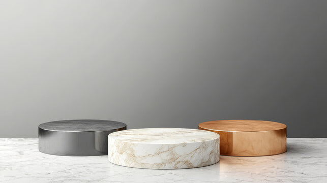 Marble pedestals with metal platform on top for display product, exhibit or trophy. Vector realistic set of empty steel podiums on stone base different shapes for showcase, museum or exposition