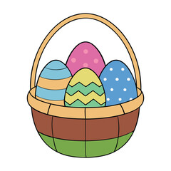 A wicker basket filled with colorful Easter eggs, decorated with vibrant patterns, nestled in soft grass or straw, symbolizing joy, renewal, and the festive spirit of Easter.