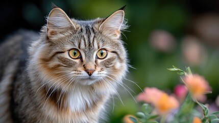 Focused cat portrait in garden setting