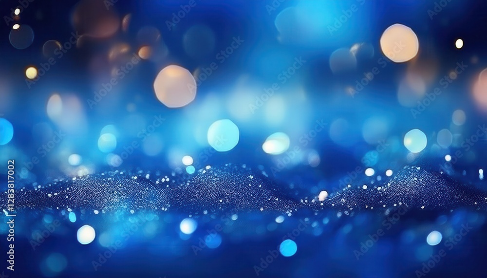 Poster abstract deep blue bokeh lights with shimmering particles on textured surface, fantasy glow for background and design

