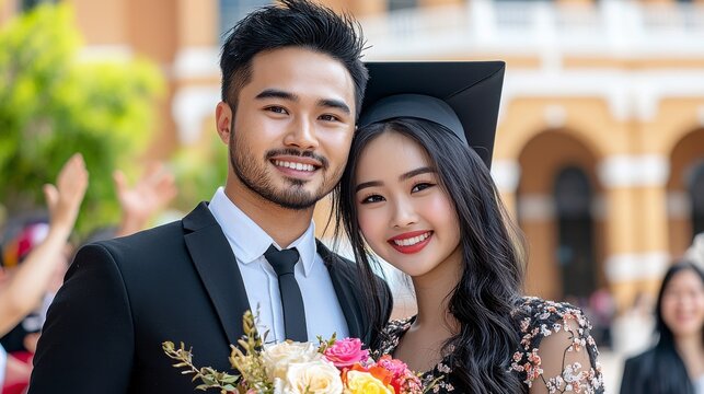 A joyful couple celebrates graduation day, with the woman in a cap and gown holding flowers, smiling brightly in a festive outdoor setting.