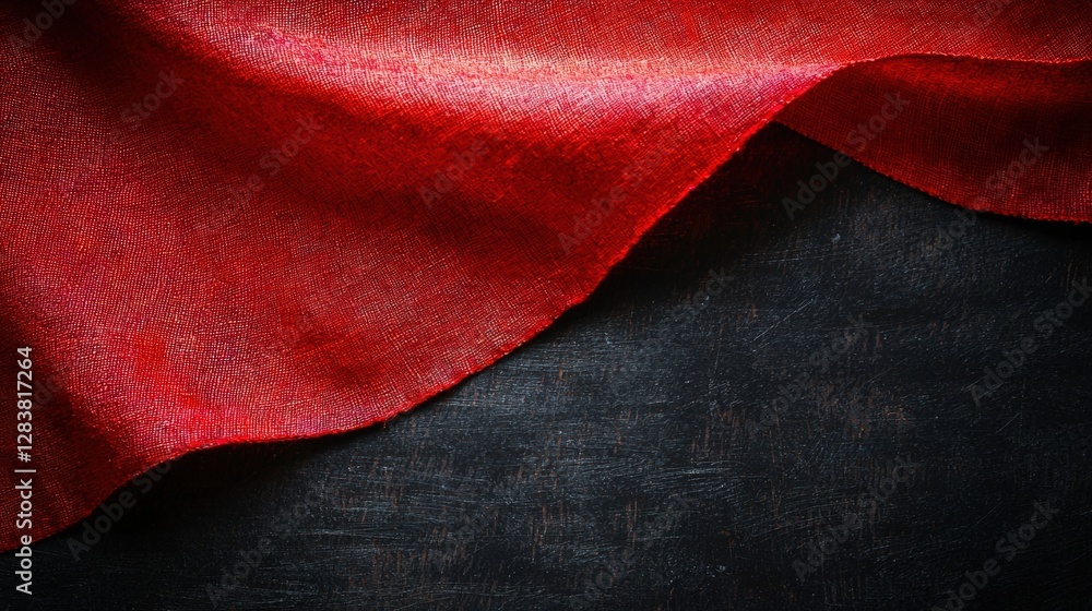 Poster realistic close-up of red fabric with distinctive texture on dark surface background