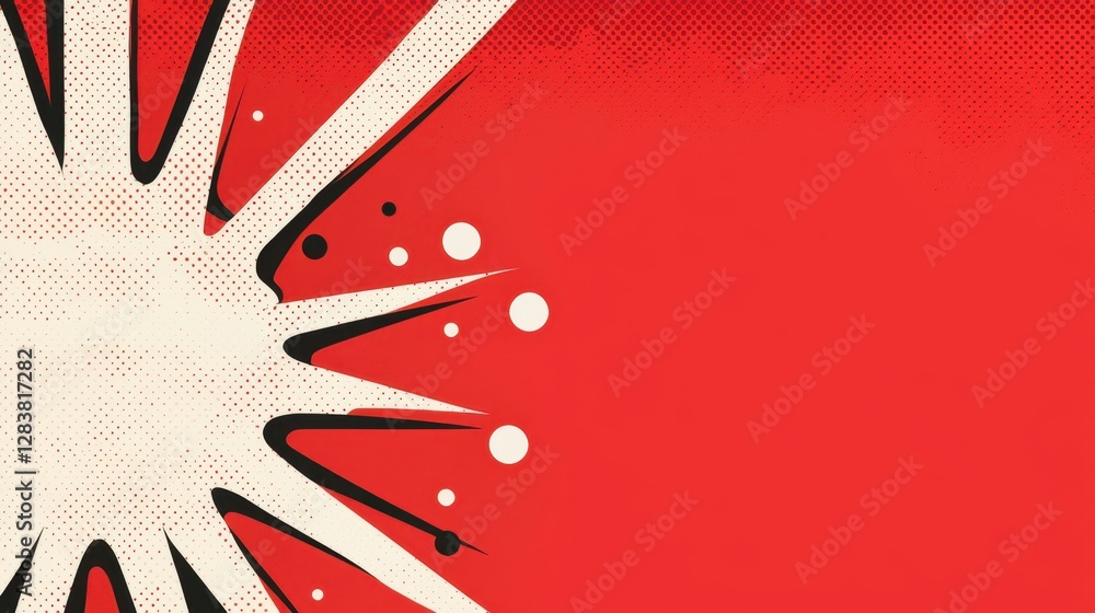 Poster dynamic pop art explosion with sharp lines and bold colors on a bright red background, perfect for g