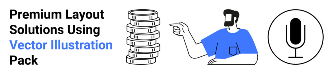 Stacked coins, microphone, man in blue shirt pointing. Ideal for business, finance, saving, podcasting, content creation, entrepreneurship innovation flat landing page banner