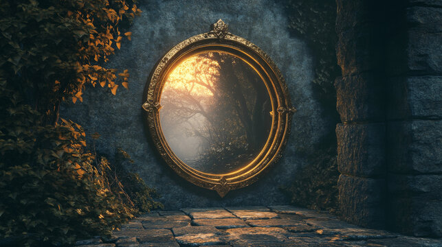 Magic mirror in vintage frame for game ui design. Cartoon vector set of medieval fairytale princess hand and wall reflector for makeup and interior decoration. Fantasy portal with antique border.