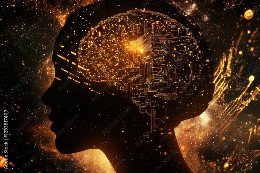 Poster Human head silhouette featuring glowing quantum circuits and advanced computing elements symbolizing technology and intellect. Generative AI
