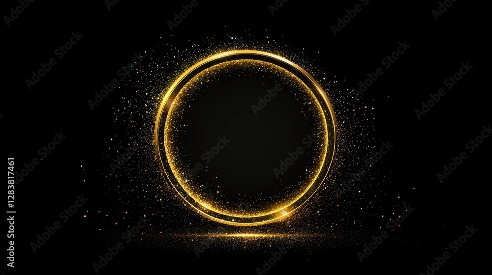 Poster glowing golden circle with sparkling particles on dark background for elegant design projects and cr