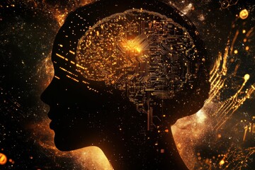 Human head silhouette featuring glowing quantum circuits and advanced computing elements symbolizing technology and intellect. Generative AI