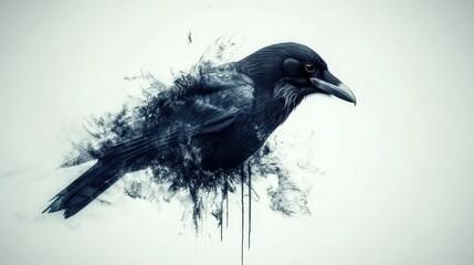 Artistic black raven in motion with smoky effects and sharp details in profile view