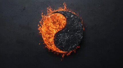 Yin Yang Symbol Representing Harmony of Fire and Earth Elements with Vivid Flames and Dark Texture on a Deep Black Background