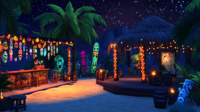 Tiki bar cartoon web banner with tribal masks, burning torches, palm leaves and push button. Beach hut bar promo for night party, advertising with glowing fonts for amusement establishment Vector ad