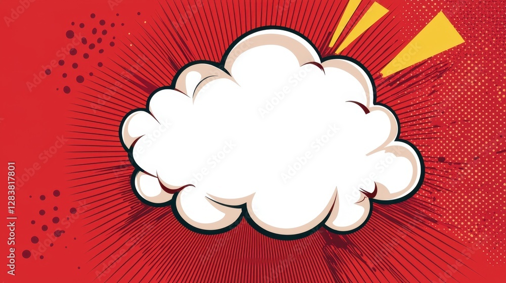 Poster whimsical comic style speech bubble on red background with dynamic rays and dots, perfect for creati