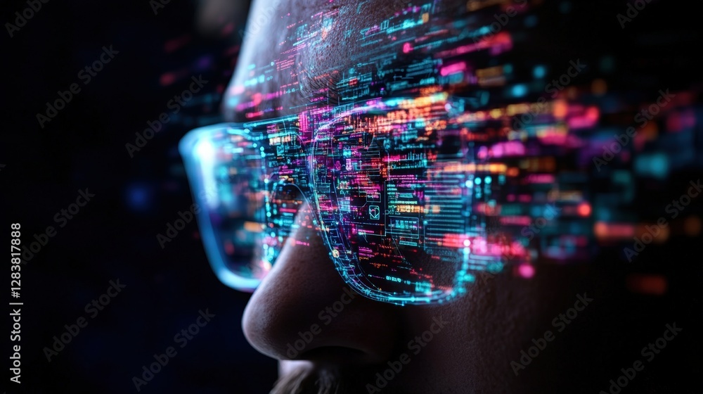Poster person with glasses on head using generative ai technology in a futuristic lifestyle setting