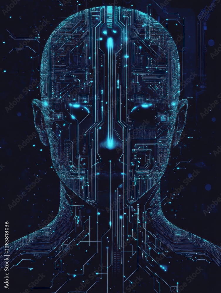 Poster Silhouette of a human head with glowing circuitry illustrating futuristic artificial intelligence design concepts. Generative AI