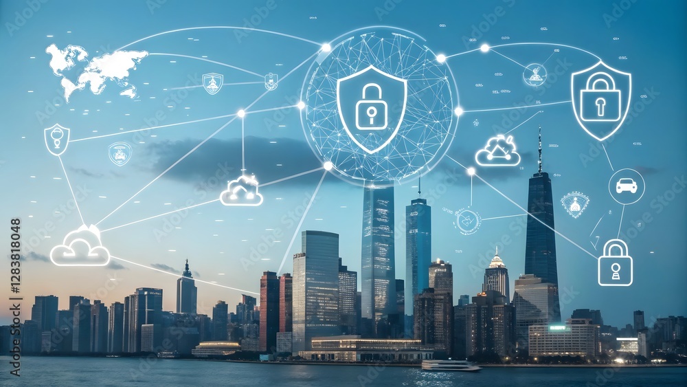 Aufkleber cyber security and data protection with internet network, representing digital safety