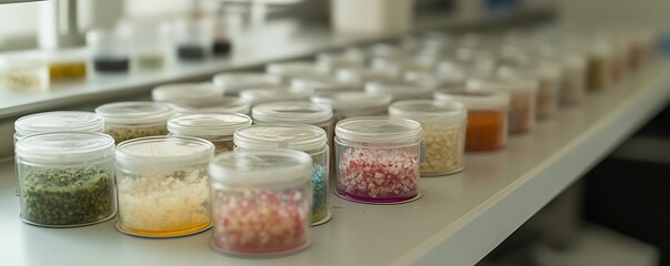 Multiple petri dishes in a sterile lab, showcasing various bacterial colonies and fungal cultures, with a focus on microbiological research