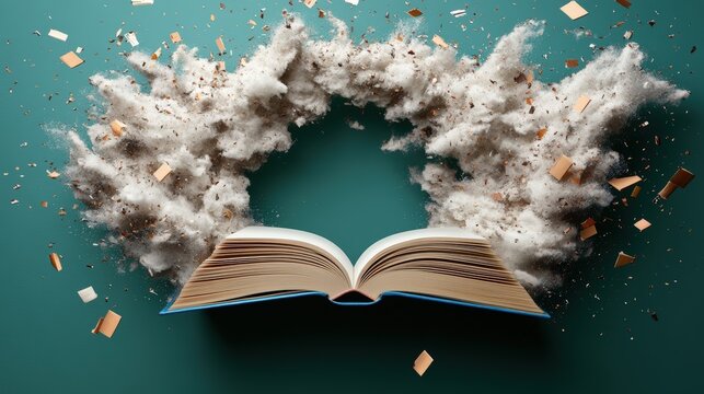 A book with a cover and another book flying out in a generative ai collage of book collection