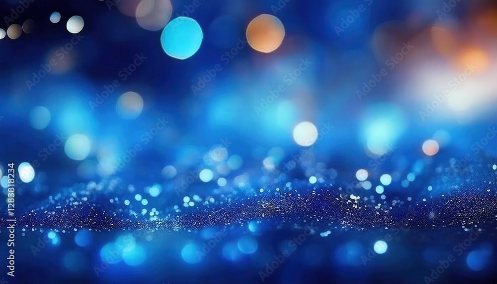 Poster abstract deep blue bokeh lights with shimmering particles on textured surface, fantasy glow for back