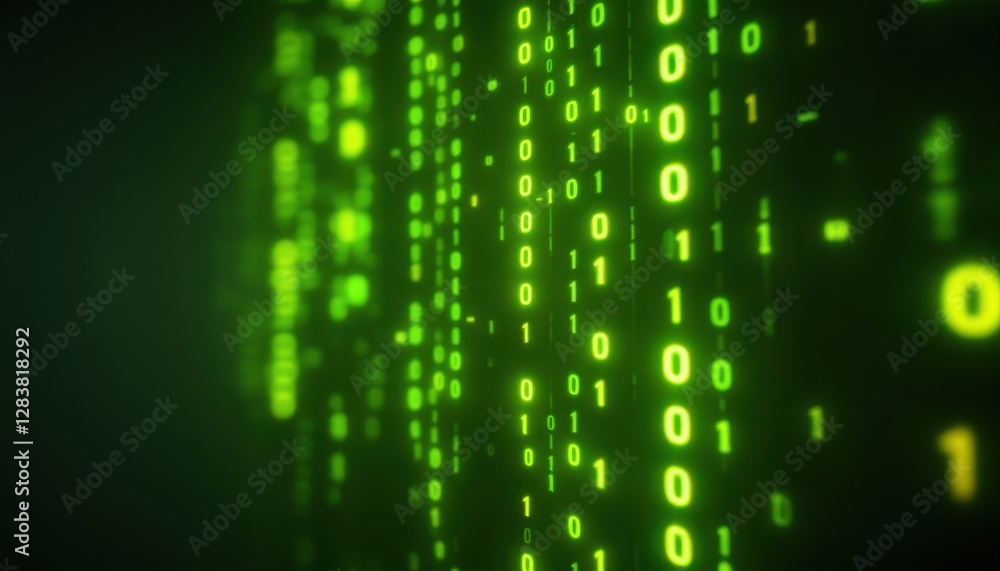 Fototapete Glowing green binary code matrix in virtual digital space