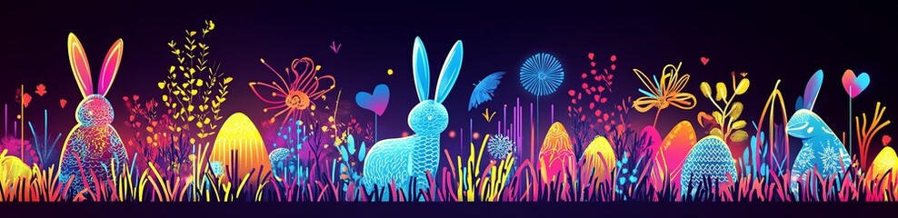 Easter vector illustration in vibrant neon colors with ribbon details